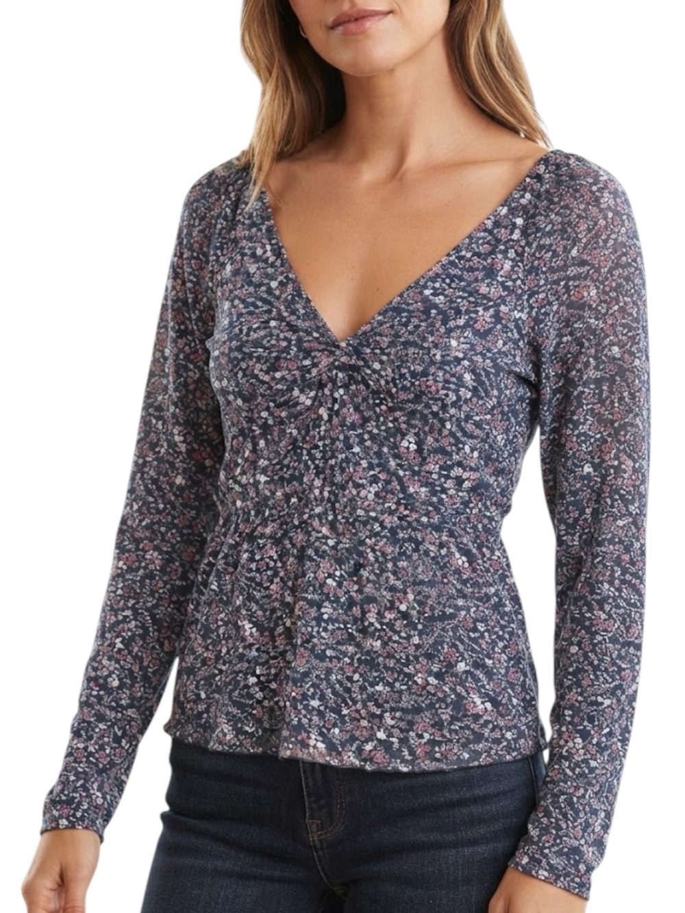 KISMET Floral Twist Front Mesh Babydoll Blouse Size XL